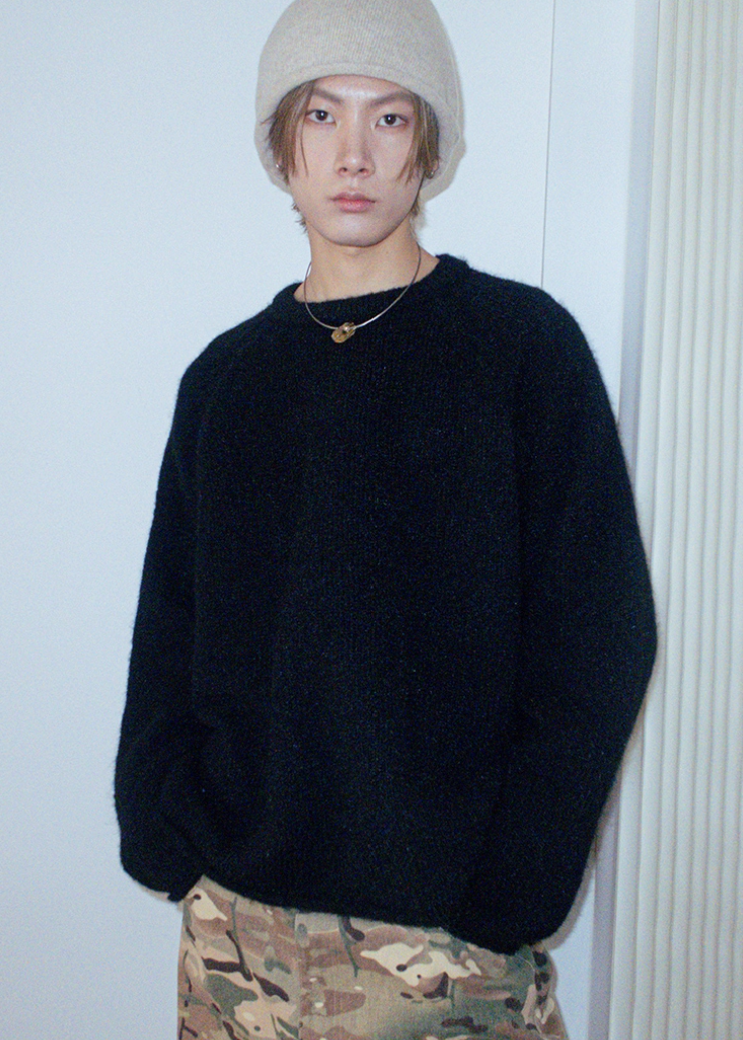 ラグランスリーブラウンドネックニット E1438